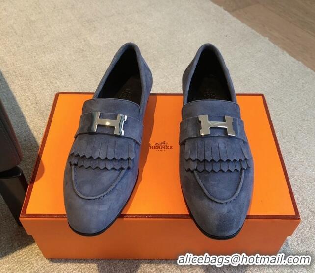 Good Quality Hermes Royal Loafers in Suede with Fringe Dark Blue 425190