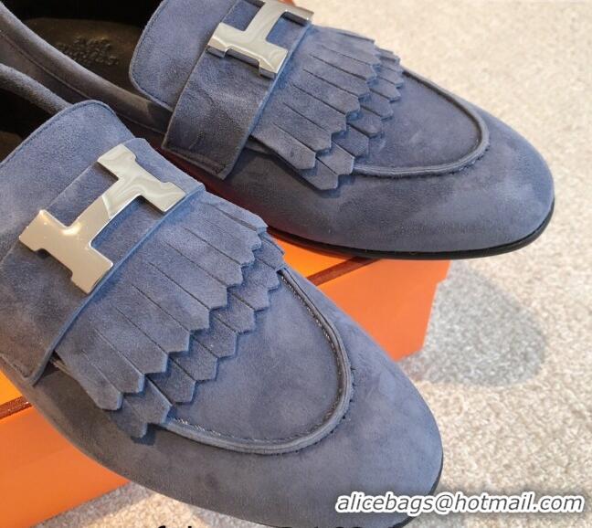 Good Quality Hermes Royal Loafers in Suede with Fringe Dark Blue 425190