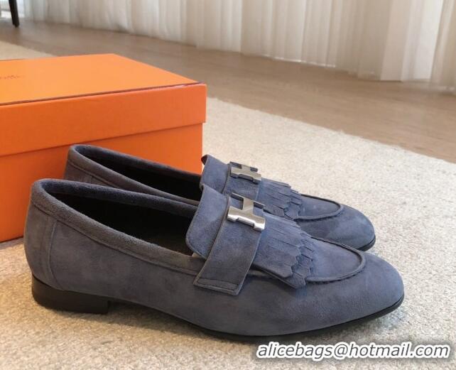 Good Quality Hermes Royal Loafers in Suede with Fringe Dark Blue 425190