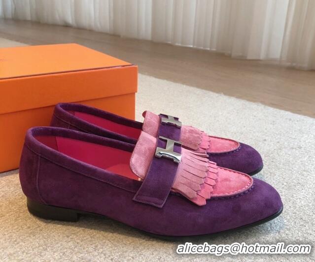 Most Popular Hermes Royal Loafers in Suede with Fringe Pink/Purple 425191