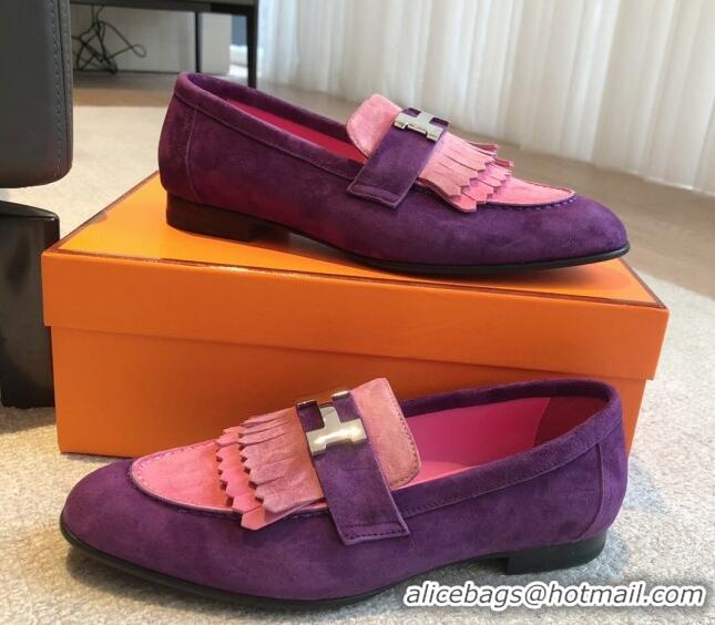 Most Popular Hermes Royal Loafers in Suede with Fringe Pink/Purple 425191