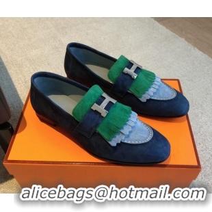 Best Grade Hermes Royal Loafers in Suede with Fringe Blue/Green 425193