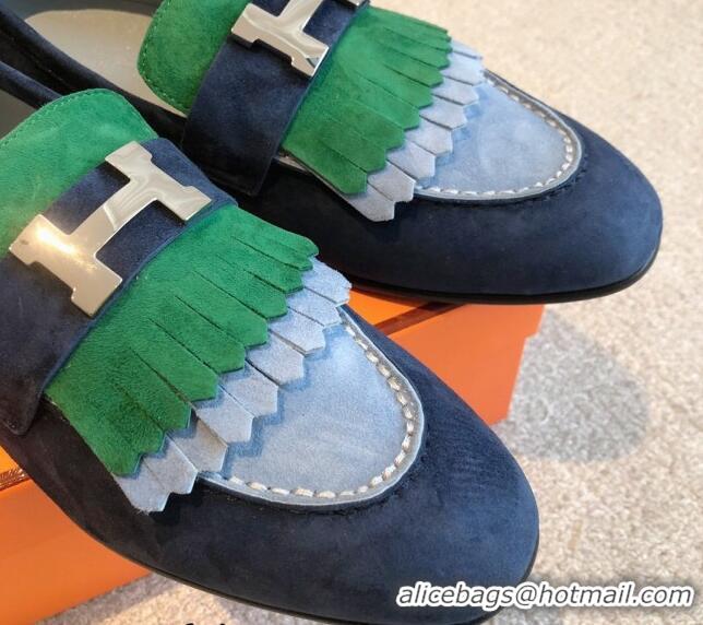 Best Grade Hermes Royal Loafers in Suede with Fringe Blue/Green 425193