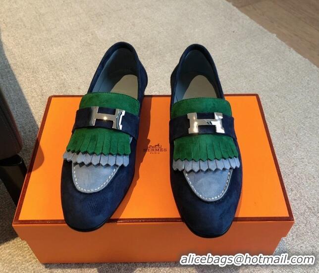 Best Grade Hermes Royal Loafers in Suede with Fringe Blue/Green 425193