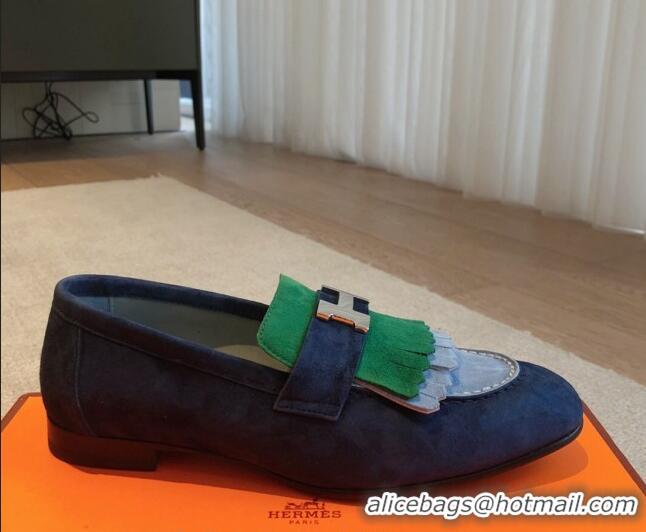 Best Grade Hermes Royal Loafers in Suede with Fringe Blue/Green 425193