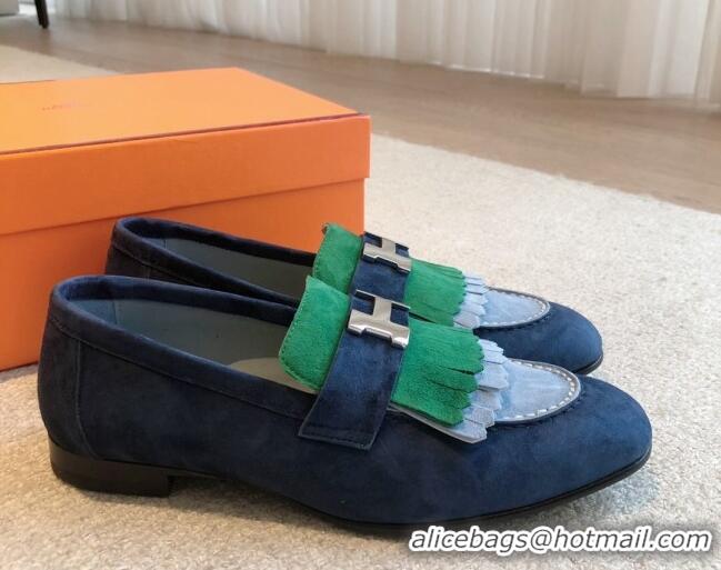 Best Grade Hermes Royal Loafers in Suede with Fringe Blue/Green 425193