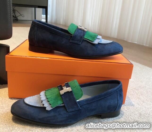 Best Grade Hermes Royal Loafers in Suede with Fringe Blue/Green 425193