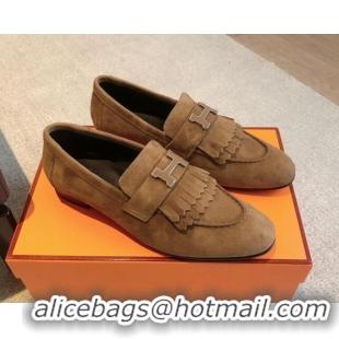 Luxurious Hermes Royal Loafers in Suede with Fringe Brown 425194