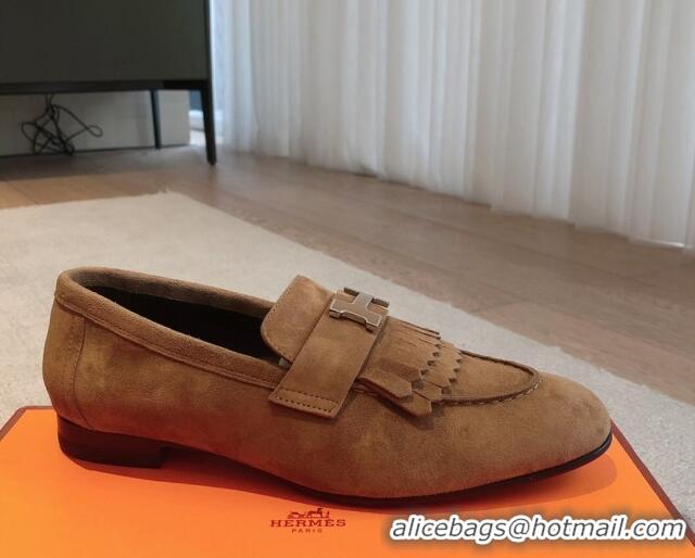 Luxurious Hermes Royal Loafers in Suede with Fringe Brown 425194