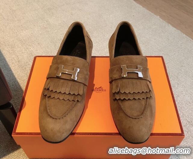 Luxurious Hermes Royal Loafers in Suede with Fringe Brown 425194