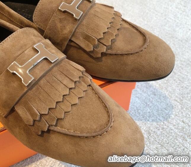 Luxurious Hermes Royal Loafers in Suede with Fringe Brown 425194