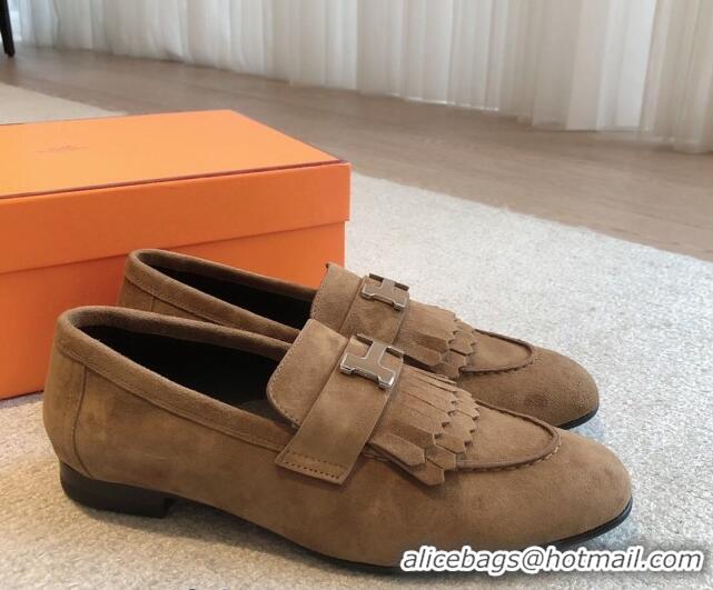 Luxurious Hermes Royal Loafers in Suede with Fringe Brown 425194