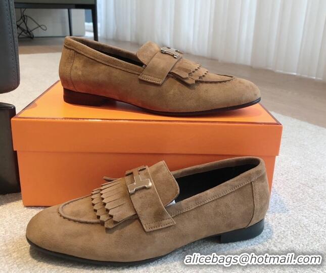 Luxurious Hermes Royal Loafers in Suede with Fringe Brown 425194