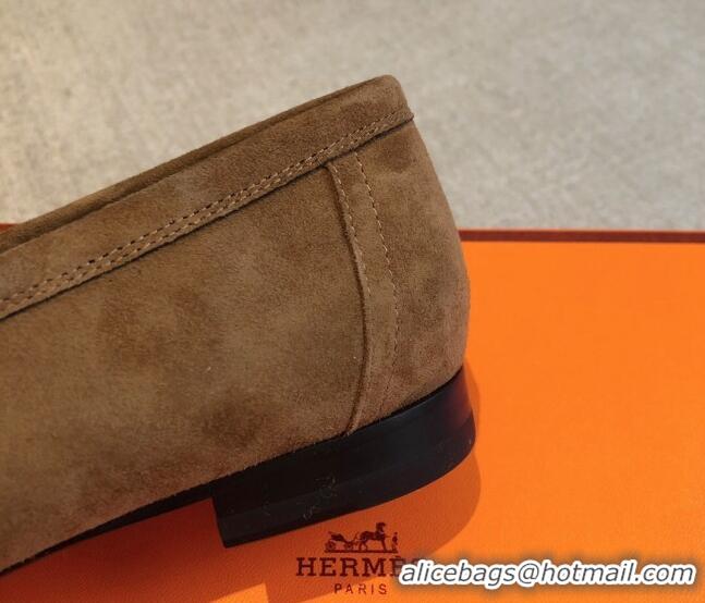 Luxurious Hermes Royal Loafers in Suede with Fringe Brown 425194