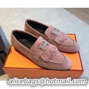 Perfect Hermes Royal Loafers in Suede with Fringe Dusty Pink 425195