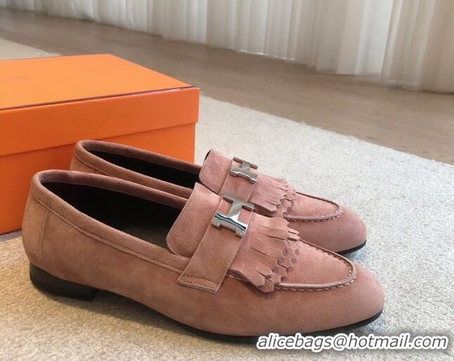 Perfect Hermes Royal Loafers in Suede with Fringe Dusty Pink 425195