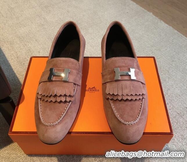 Perfect Hermes Royal Loafers in Suede with Fringe Dusty Pink 425195