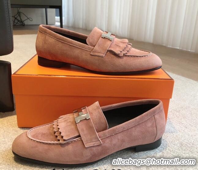 Perfect Hermes Royal Loafers in Suede with Fringe Dusty Pink 425195