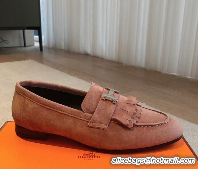 Perfect Hermes Royal Loafers in Suede with Fringe Dusty Pink 425195