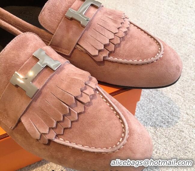 Perfect Hermes Royal Loafers in Suede with Fringe Dusty Pink 425195