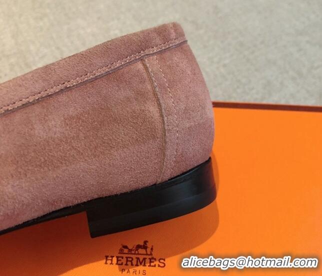 Perfect Hermes Royal Loafers in Suede with Fringe Dusty Pink 425195