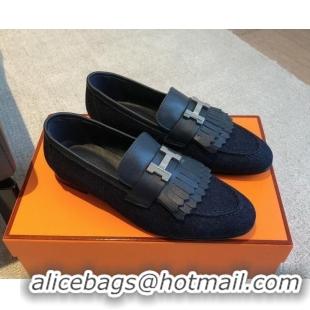 Fashion Hermes Royal Loafers in Calfskin and Blue Denim with Fringe 425196