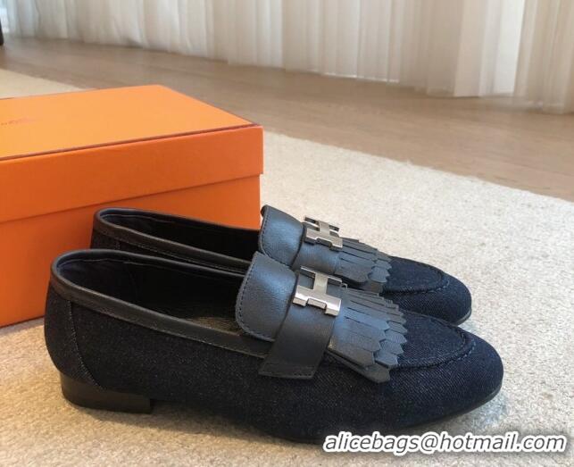 Fashion Hermes Royal Loafers in Calfskin and Blue Denim with Fringe 425196