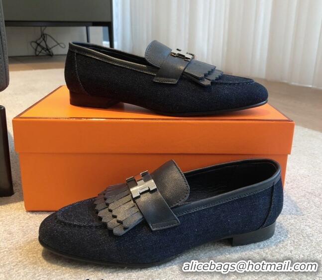 Fashion Hermes Royal Loafers in Calfskin and Blue Denim with Fringe 425196