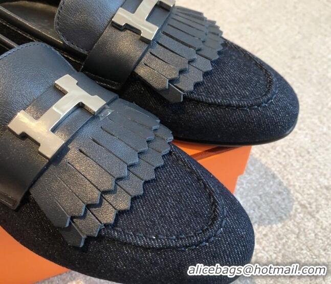 Fashion Hermes Royal Loafers in Calfskin and Blue Denim with Fringe 425196