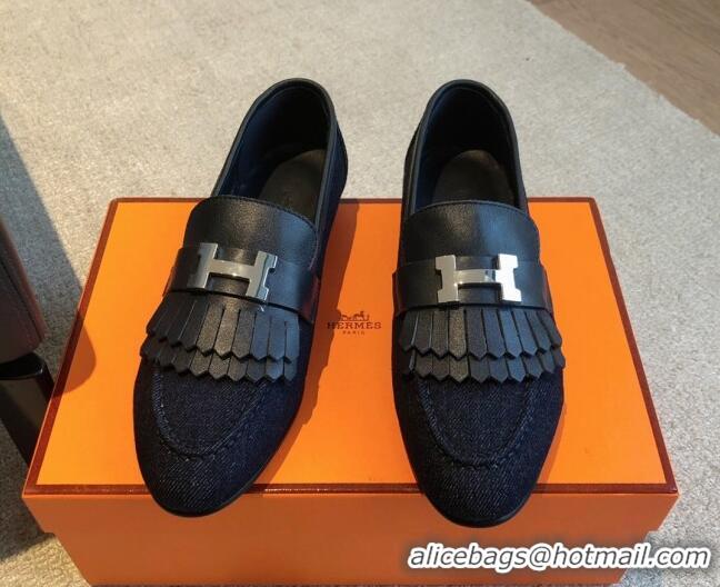 Fashion Hermes Royal Loafers in Calfskin and Blue Denim with Fringe 425196