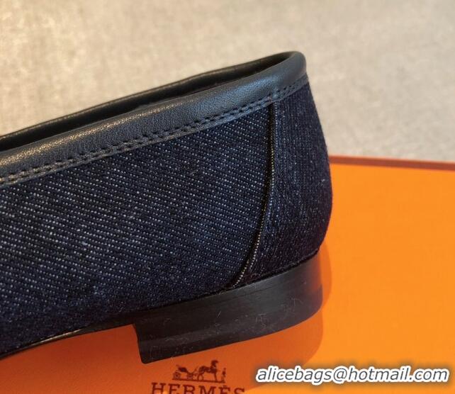 Fashion Hermes Royal Loafers in Calfskin and Blue Denim with Fringe 425196