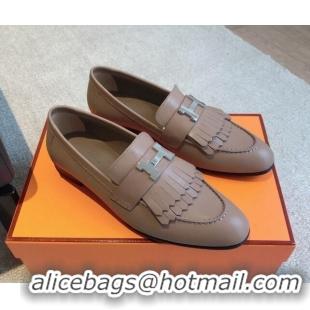 Pretty Style Hermes Royal Loafers in Calfskin with Fringe Dark Beige 425197