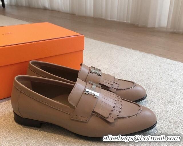 Pretty Style Hermes Royal Loafers in Calfskin with Fringe Dark Beige 425197