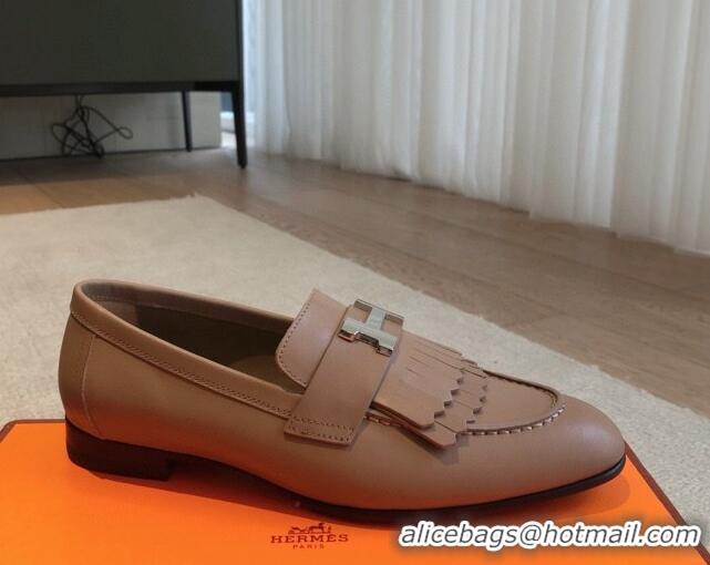 Pretty Style Hermes Royal Loafers in Calfskin with Fringe Dark Beige 425197