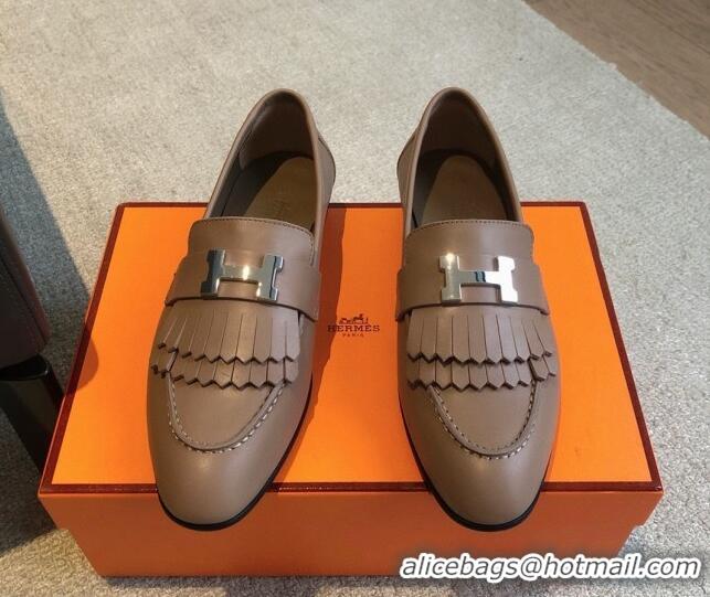 Pretty Style Hermes Royal Loafers in Calfskin with Fringe Dark Beige 425197