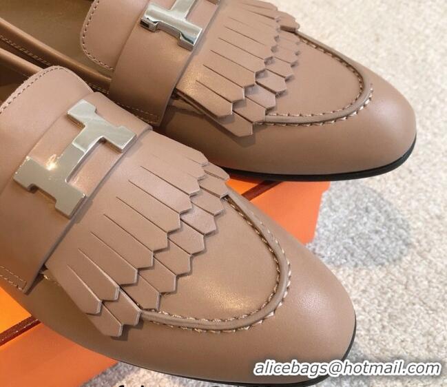 Pretty Style Hermes Royal Loafers in Calfskin with Fringe Dark Beige 425197