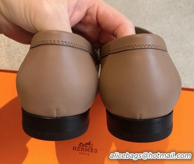 Pretty Style Hermes Royal Loafers in Calfskin with Fringe Dark Beige 425197