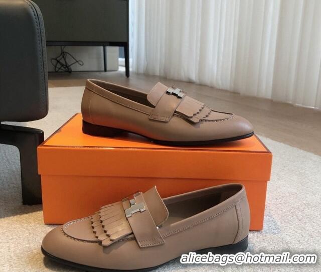 Pretty Style Hermes Royal Loafers in Calfskin with Fringe Dark Beige 425197