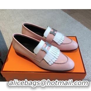 Top Design Hermes Royal Loafers in Calfskin with Fringe Pink/White 425198