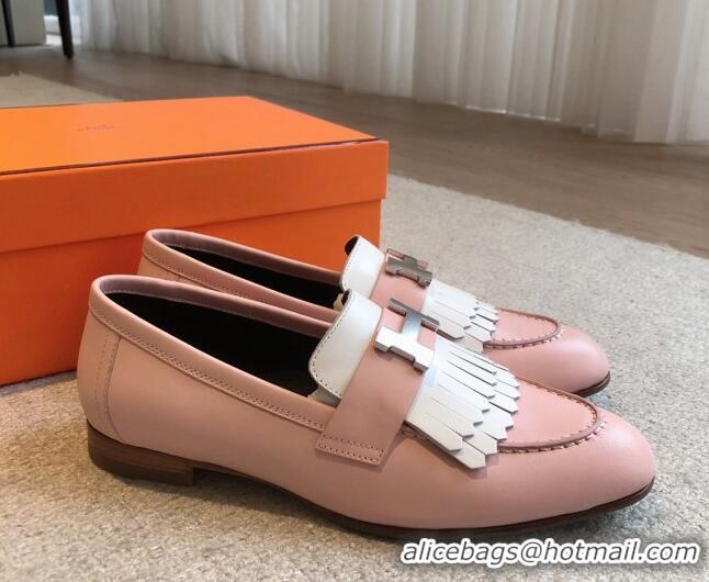 Top Design Hermes Royal Loafers in Calfskin with Fringe Pink/White 425198