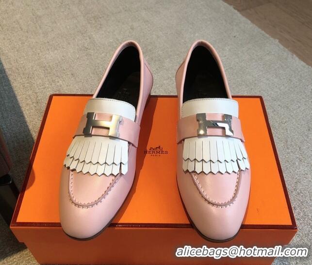 Top Design Hermes Royal Loafers in Calfskin with Fringe Pink/White 425198