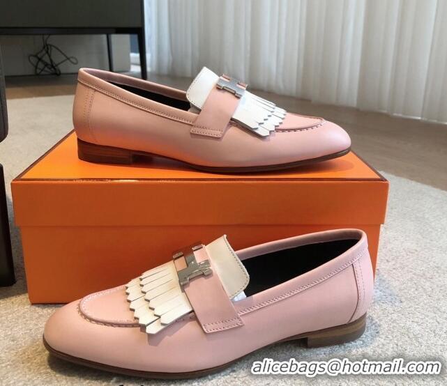 Top Design Hermes Royal Loafers in Calfskin with Fringe Pink/White 425198