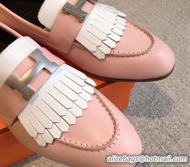 Top Design Hermes Royal Loafers in Calfskin with Fringe Pink/White 425198