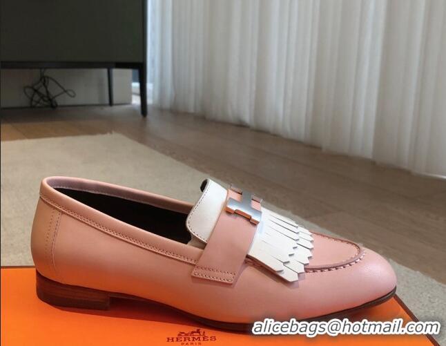 Top Design Hermes Royal Loafers in Calfskin with Fringe Pink/White 425198