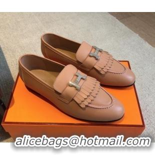 Classic Hot Hermes Royal Loafers in Calfskin with Fringe Light Brown 425199