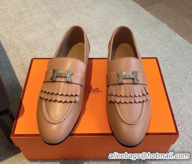 Classic Hot Hermes Royal Loafers in Calfskin with Fringe Light Brown 425199