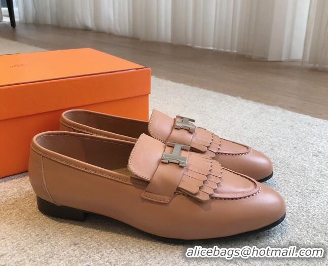 Classic Hot Hermes Royal Loafers in Calfskin with Fringe Light Brown 425199