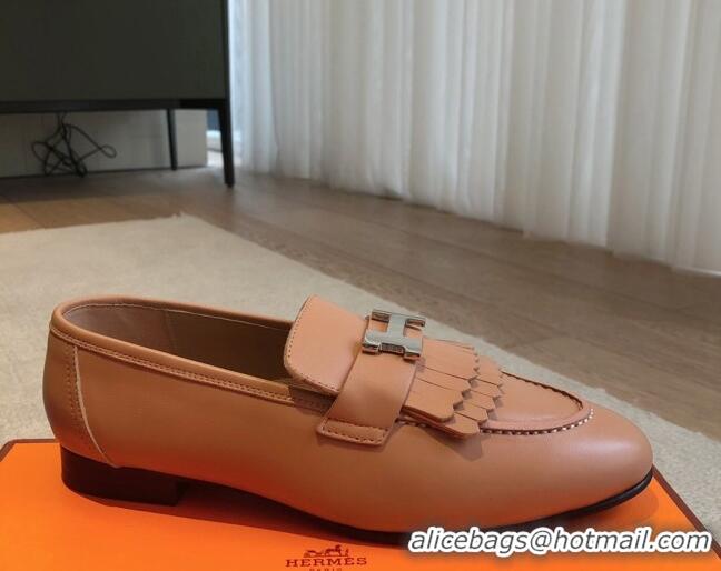 Classic Hot Hermes Royal Loafers in Calfskin with Fringe Light Brown 425199