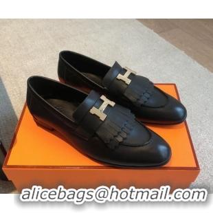 Charming Hermes Royal Loafers in Calfskin with Fringe Black/Gold 425200