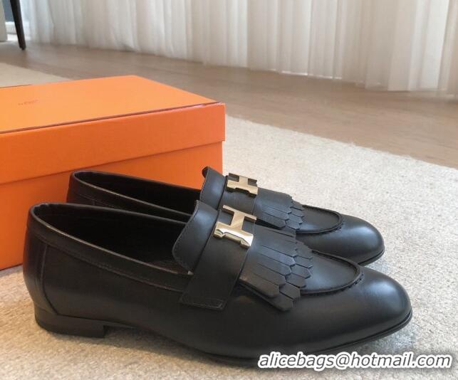 Charming Hermes Royal Loafers in Calfskin with Fringe Black/Gold 425200